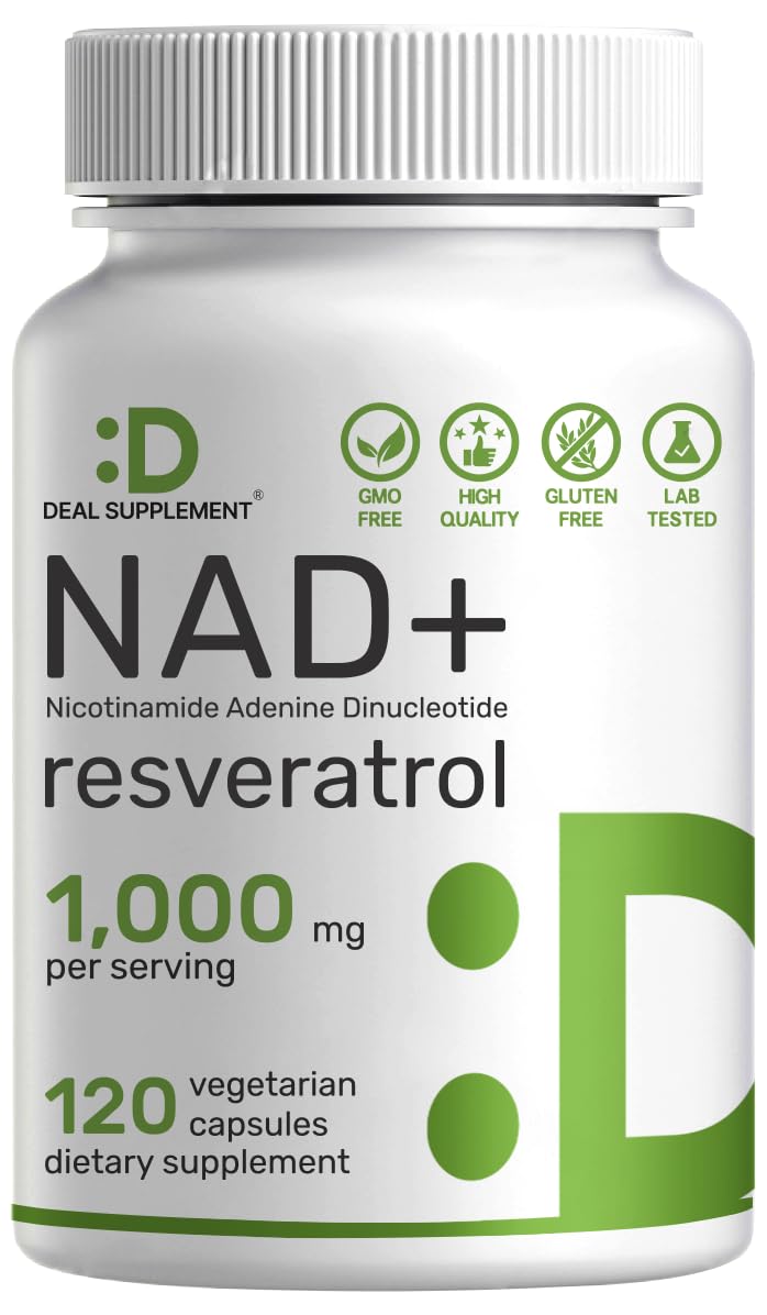 NAD+ Resveratrol supplement bottle showing 1000mg per serving and 120 veggie capsules