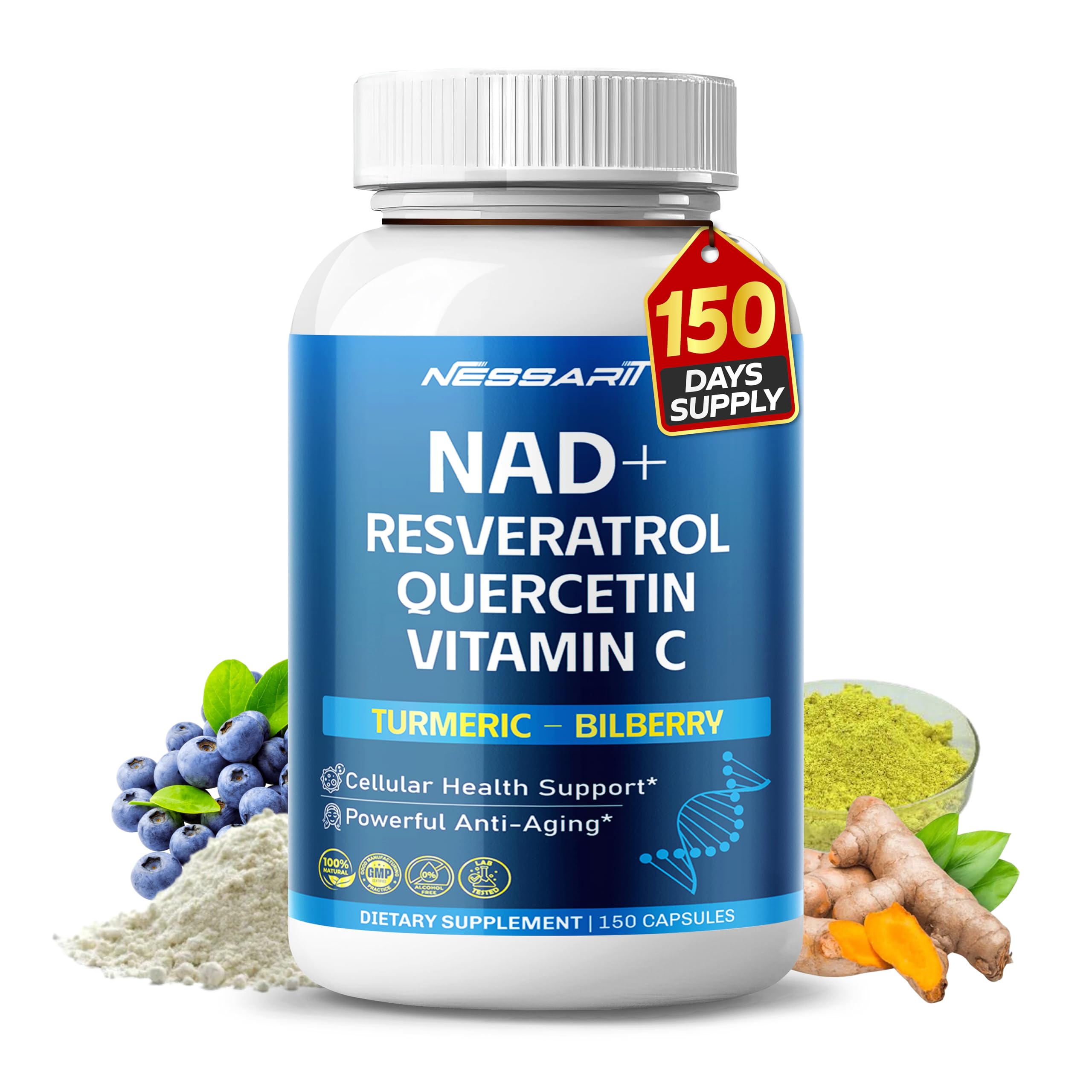 Front label of NAD+ RESVERATROL Supplement bottle showing 150 count