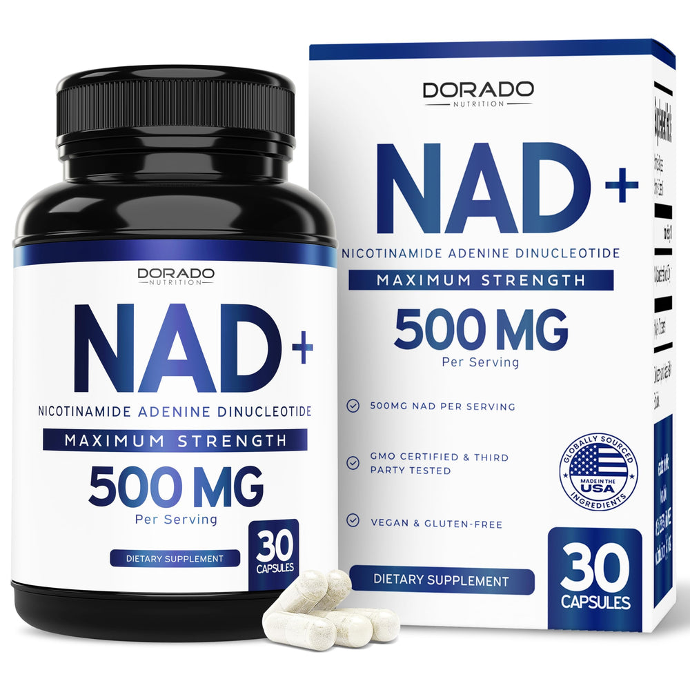 NAD+ supplement bottle with 30 vegan capsules