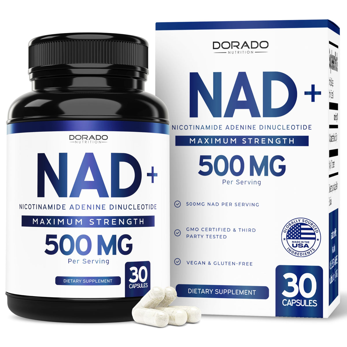 NAD+ supplement bottle with 30 vegan capsules