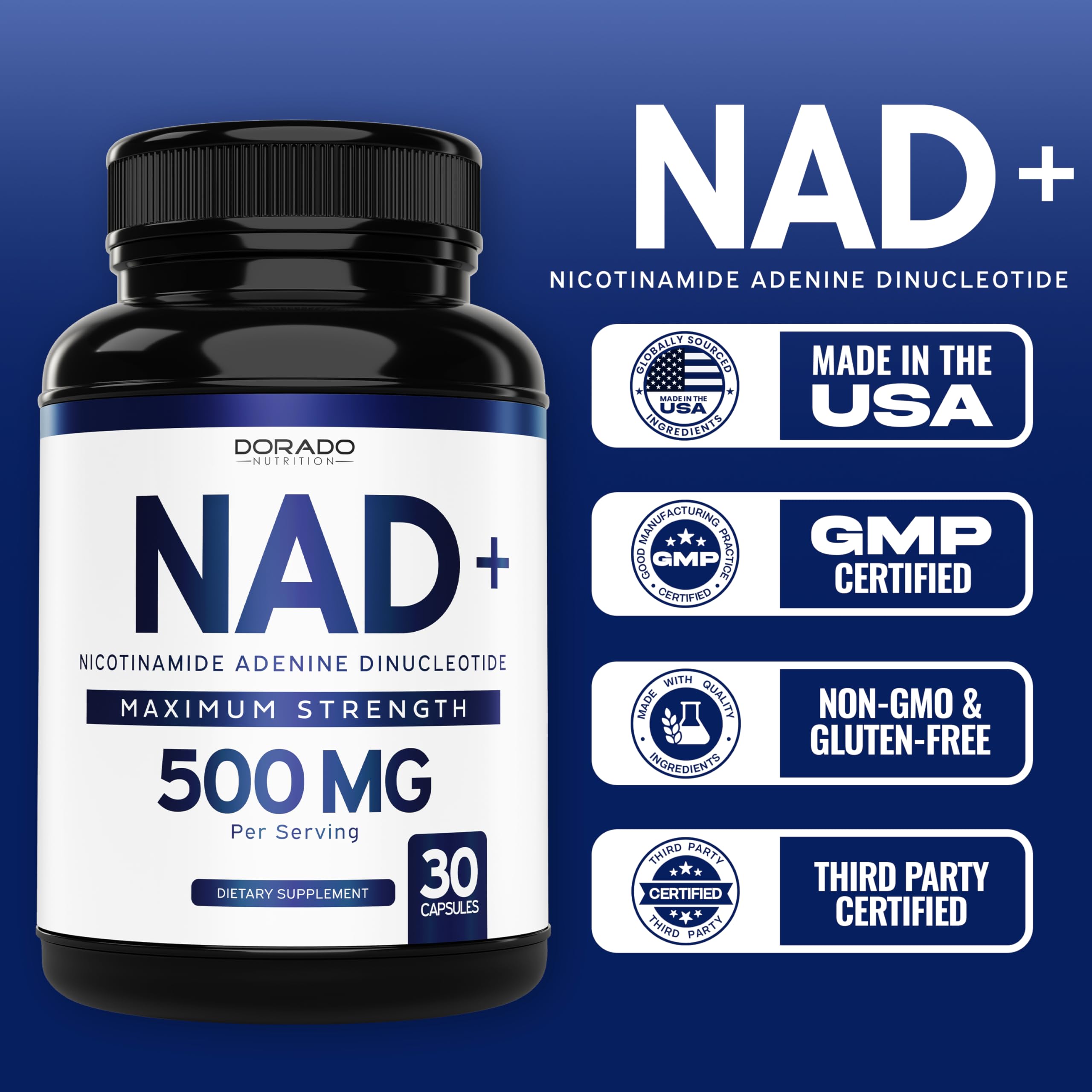 NAD+ supplement made from globally sourced ingredients