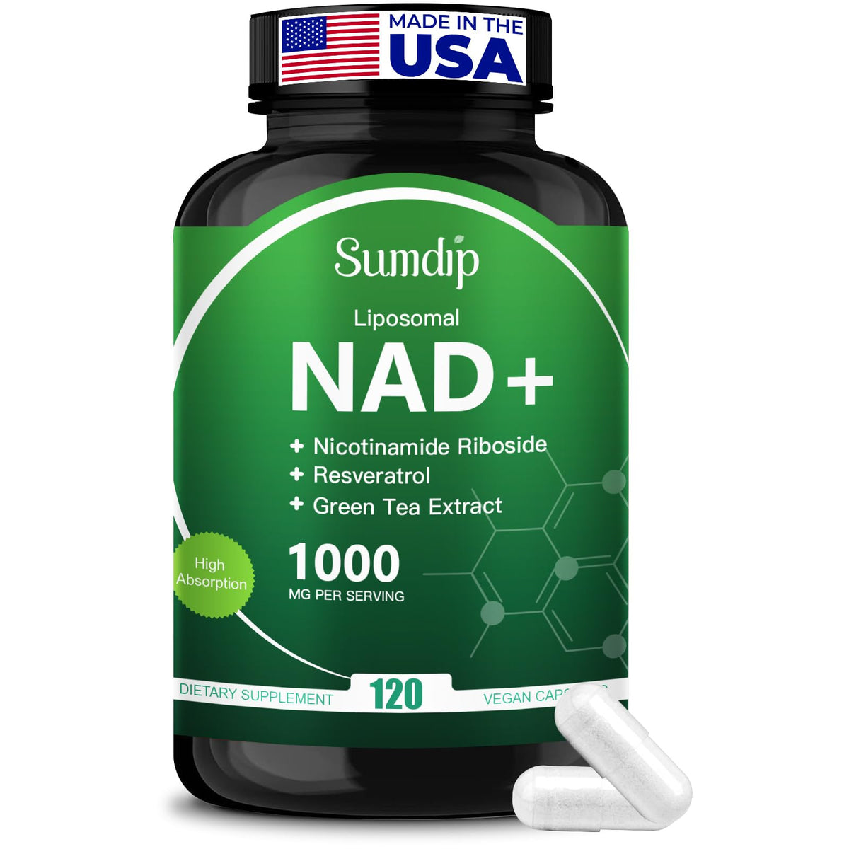 Front view of NAD Supplement 1000mg Pure bottle with 120 capsules