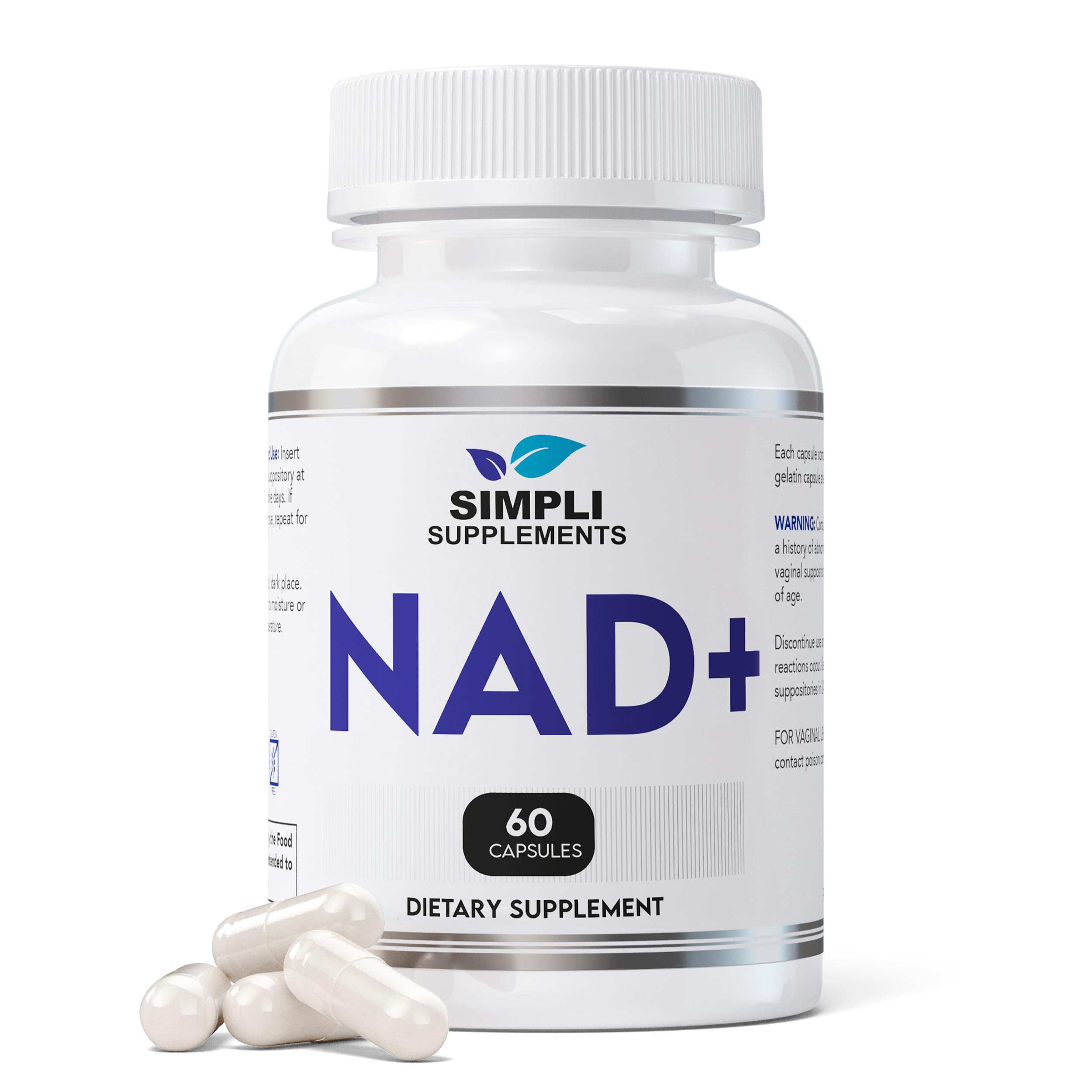 NAD supplement bottle with 60 capsules for anti-aging and cell regeneration