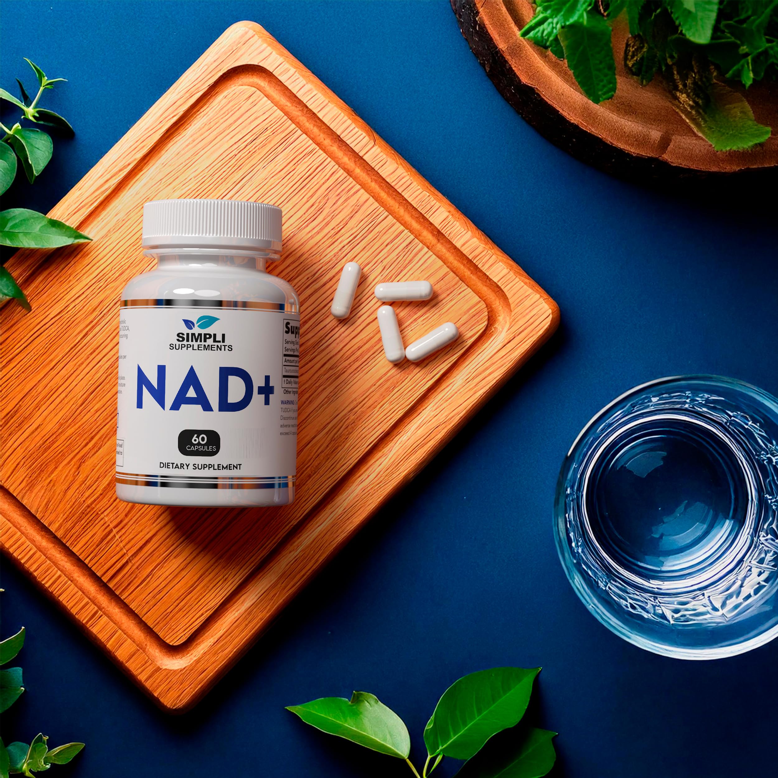 Lifestyle image of NAD supplement bottle in a bright setting