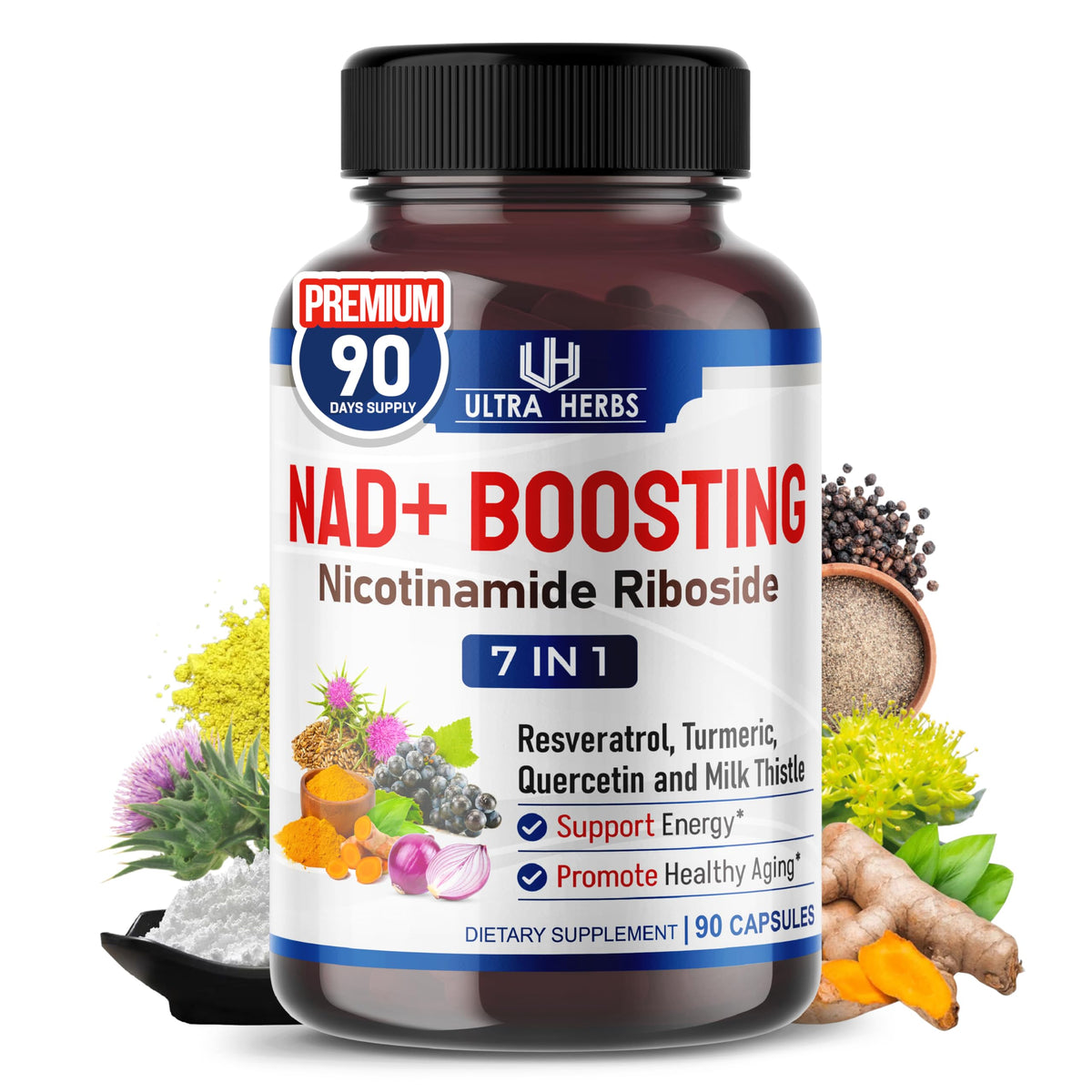 Front view of NAD+ supplement bottle – USA made, 90 count