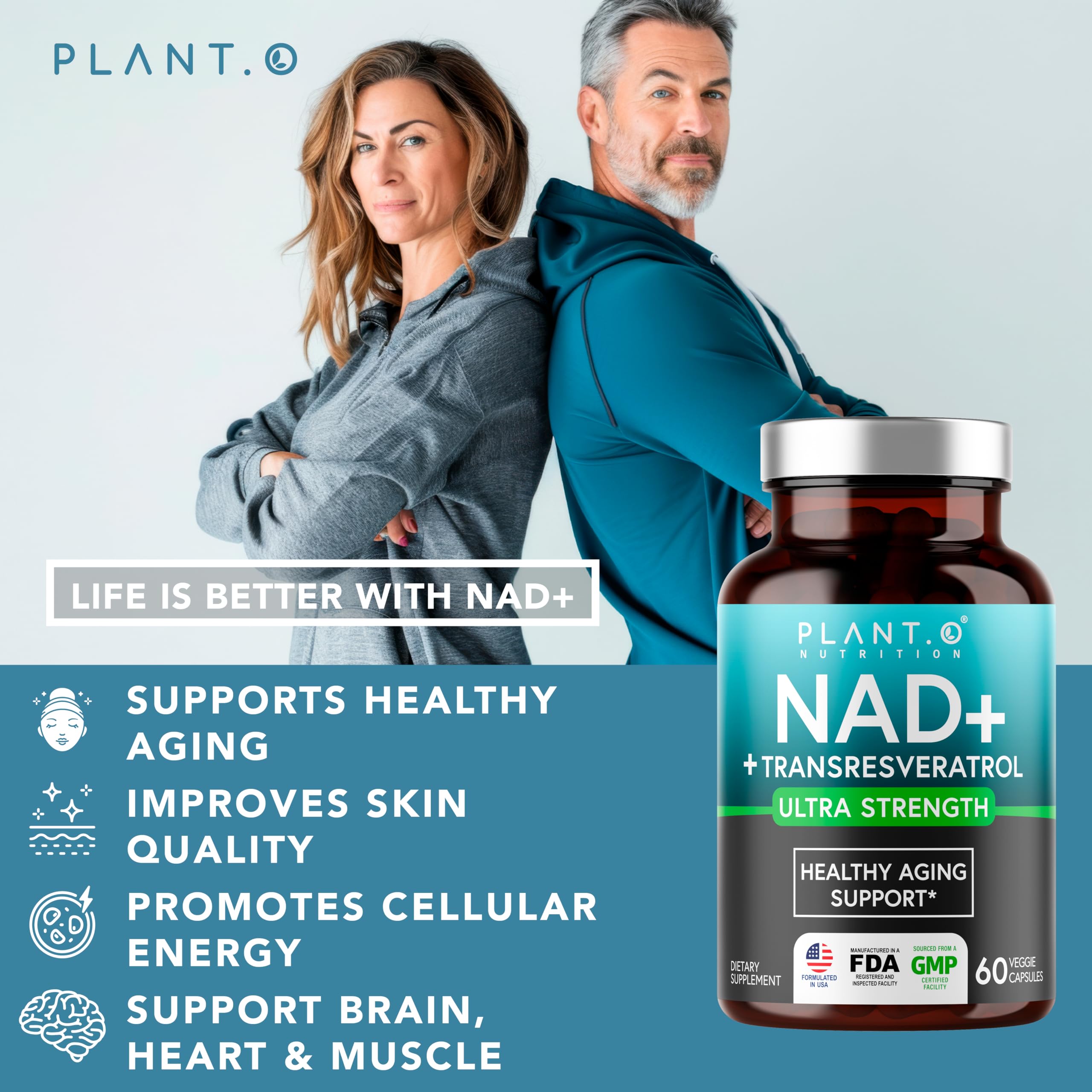 NAD+ 500mg with 300mg Resveratrol bottle close-up