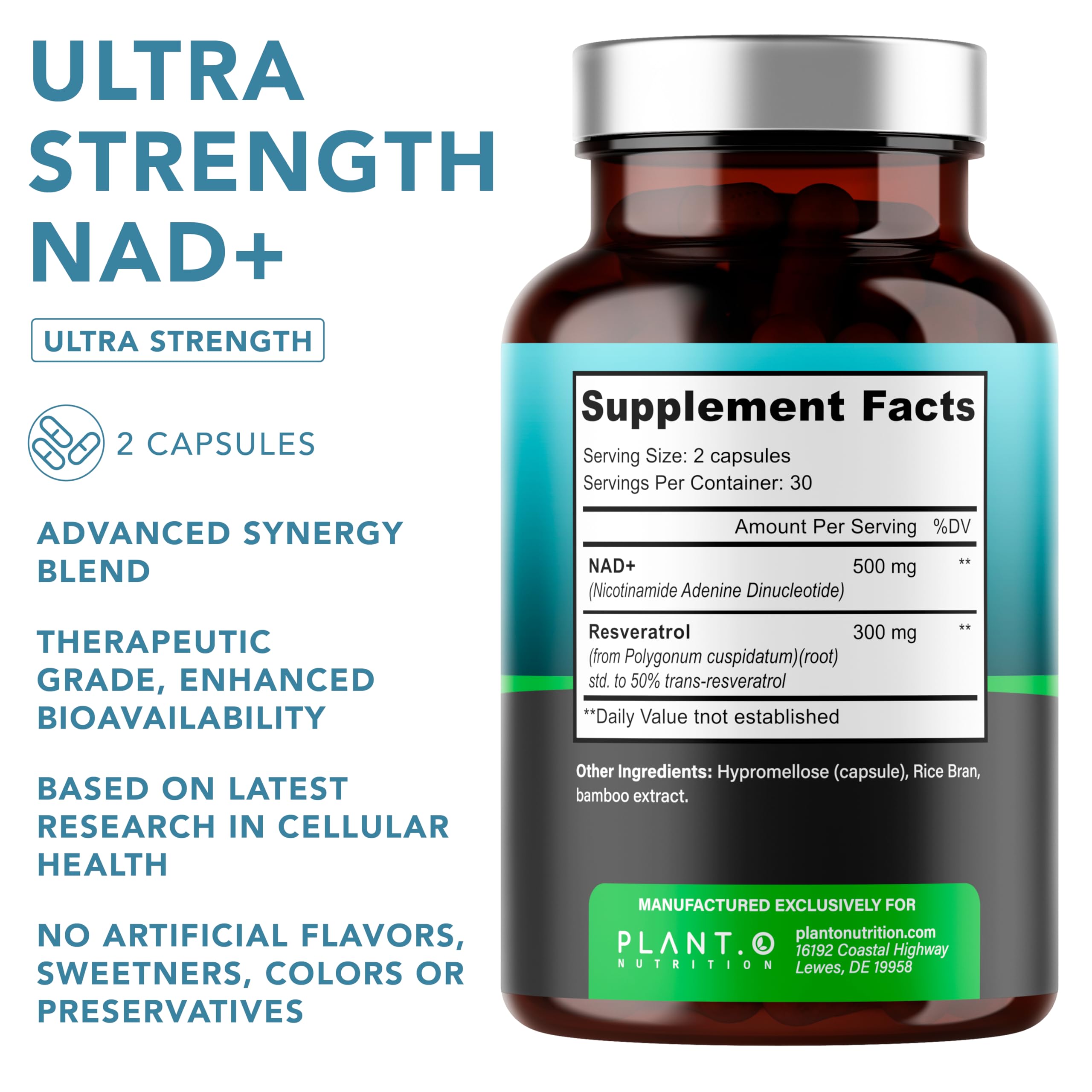 Supplement facts panel showing NAD+ and Resveratrol