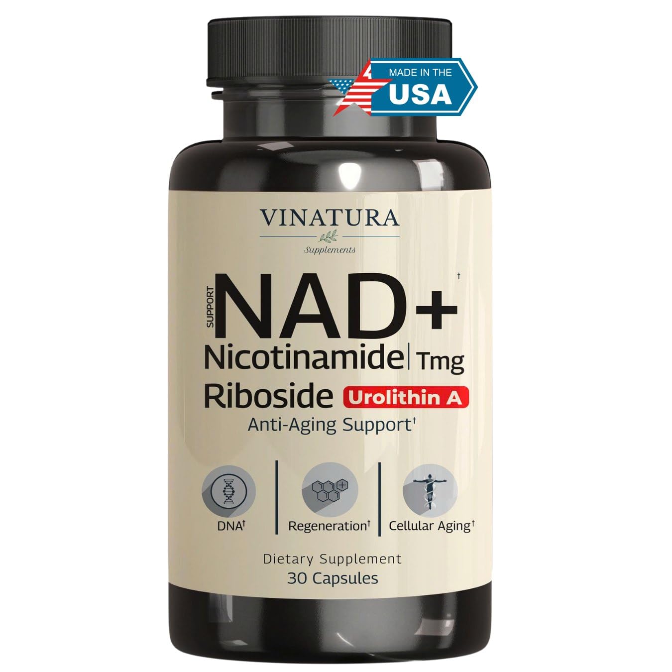 NAD+ supplement bottle with NR Resveratrol Urolithin A and TMG ingredients