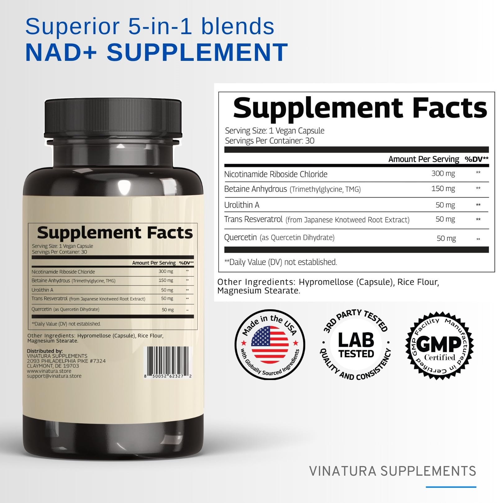 Close-up of capsule and bottle label for NAD+ supplement