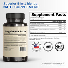 Close-up of capsule and bottle label for NAD+ supplement