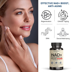 Graphic showing the 5-in-1 blend: NR Resveratrol Urolithin A TMG Quercetin