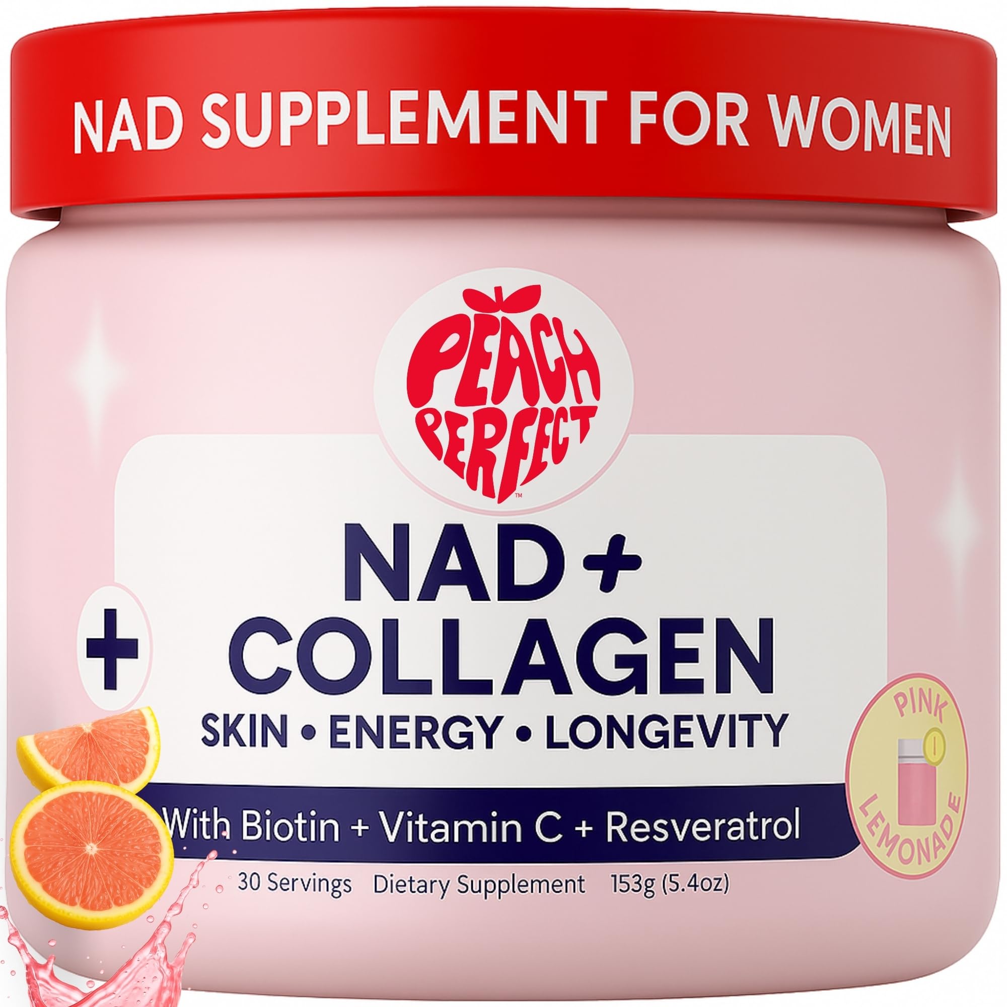 Pink lemonade flavored liposomal NAD+ collagen powder in a scoop