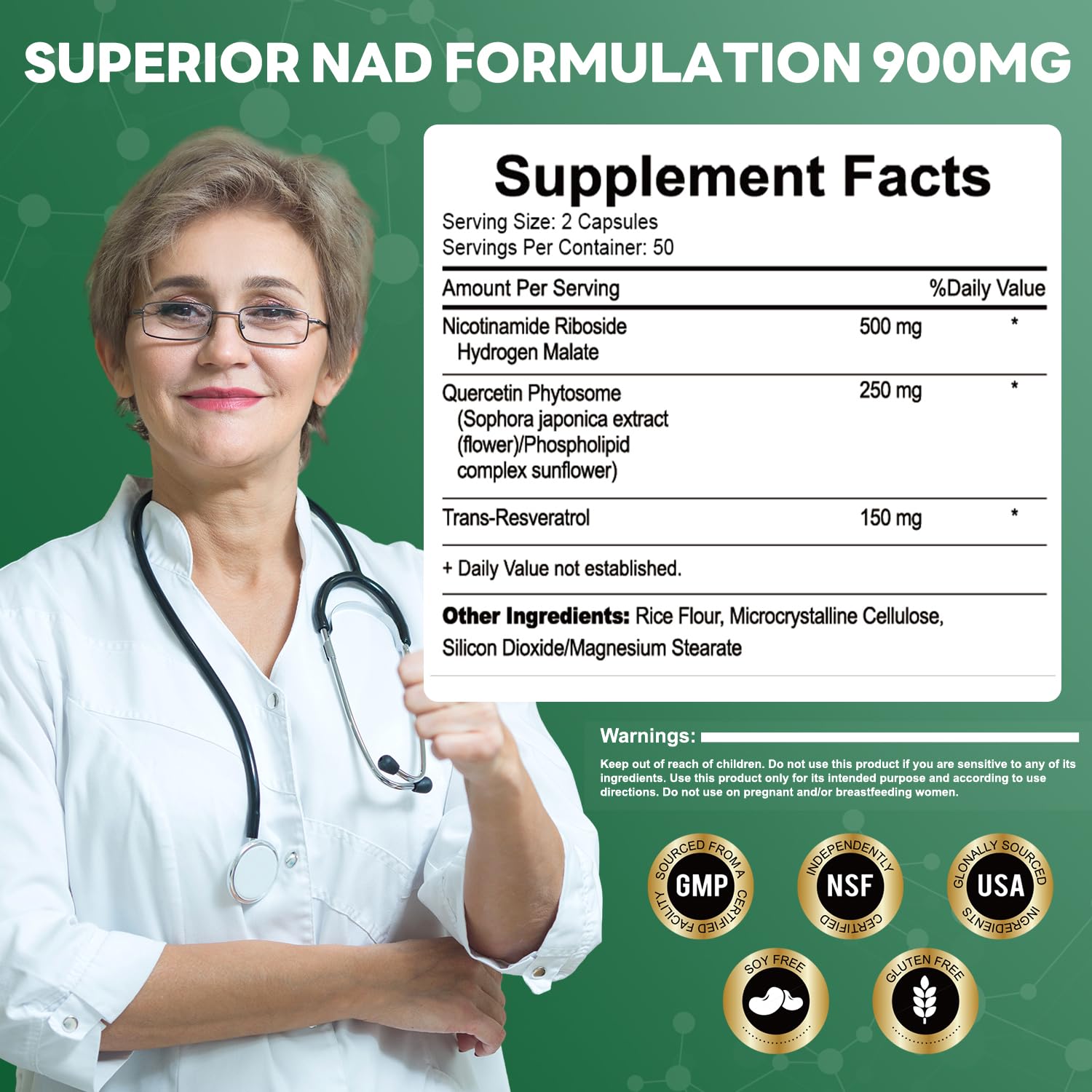 Back label of NAD+ liposomal NR 900mg bottle