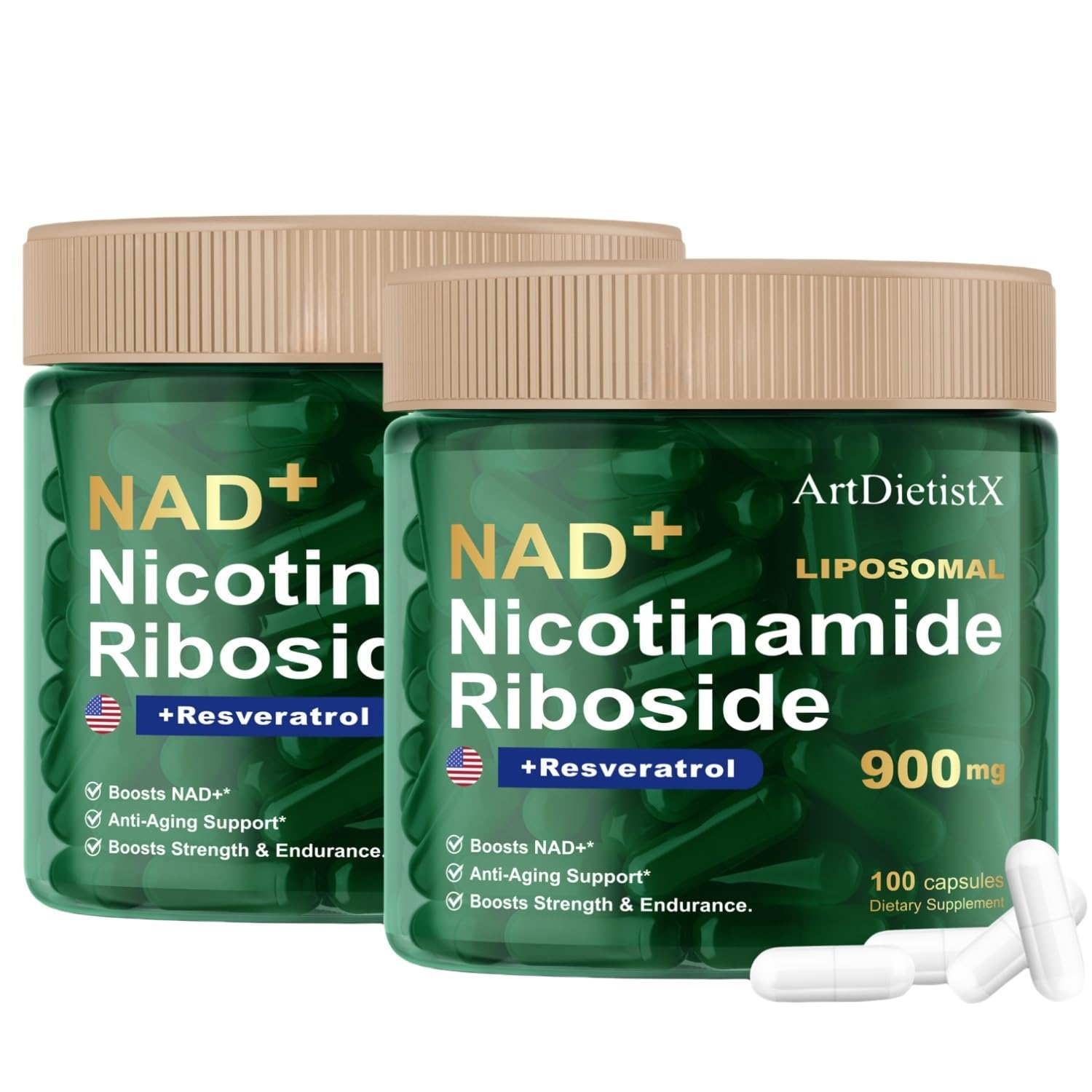 Front view of NAD+ liposomal nicotinamide riboside 900mg 200 capsules bottle