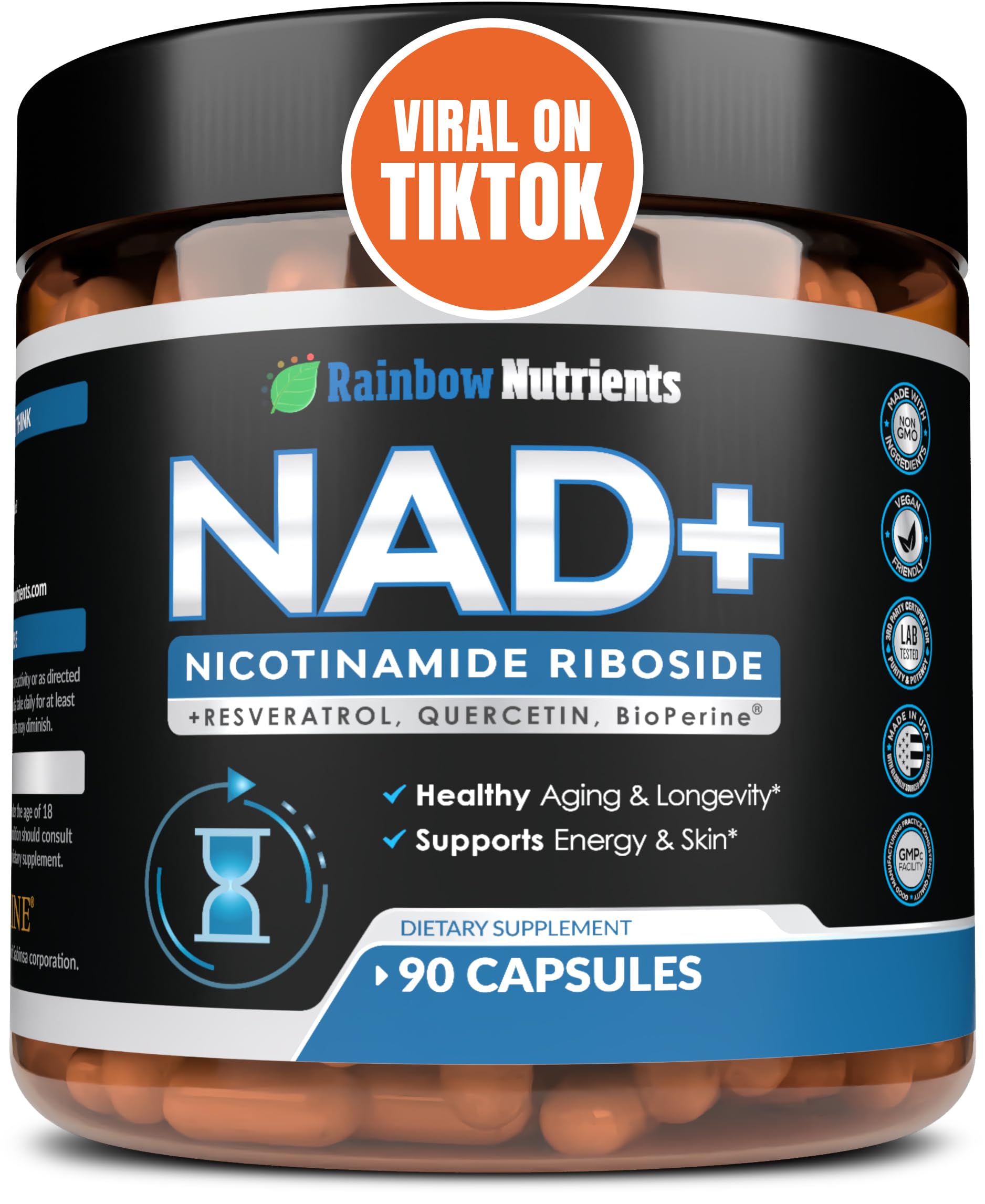 NAD+ supplement bottle featuring NR, Resveratrol, Quercetin and BioPerine
