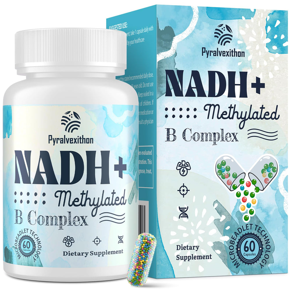 NADH supplement bottle highlighting premium NADH and methylated B vitamins