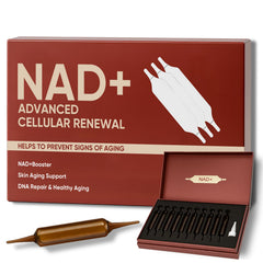Close-up of NAD+ Advanced Cellular Renewal bottle and 10 vials