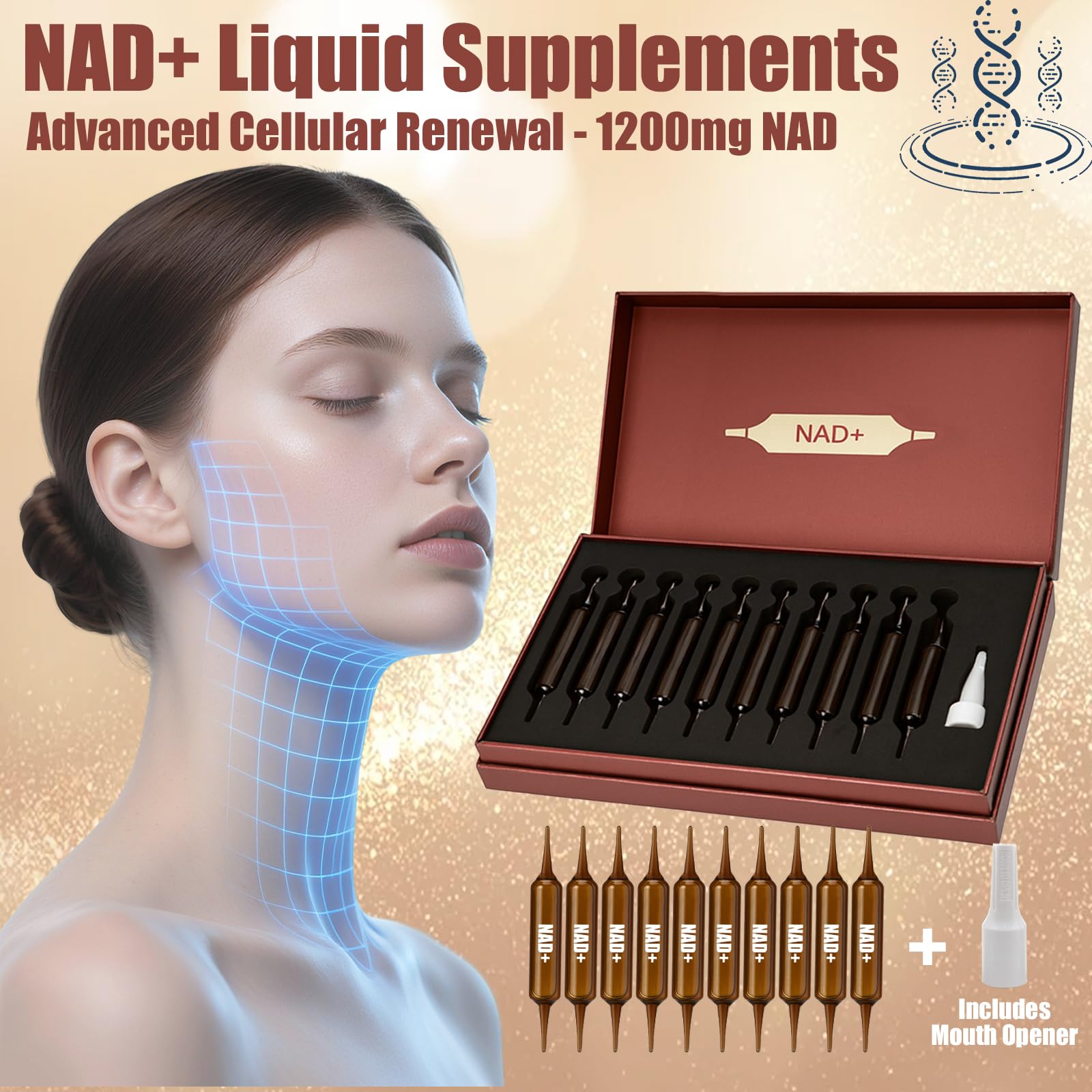 Concept image depicting anti-aging and energy with NAD+ supplement