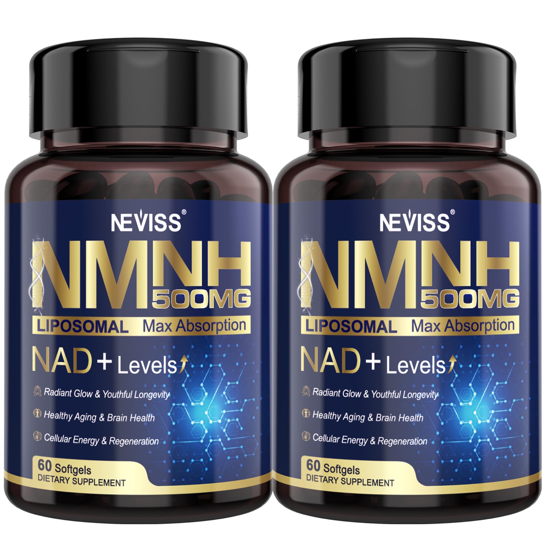 NAD+ NMNH liposomal supplement bottle – 500mg per softgel