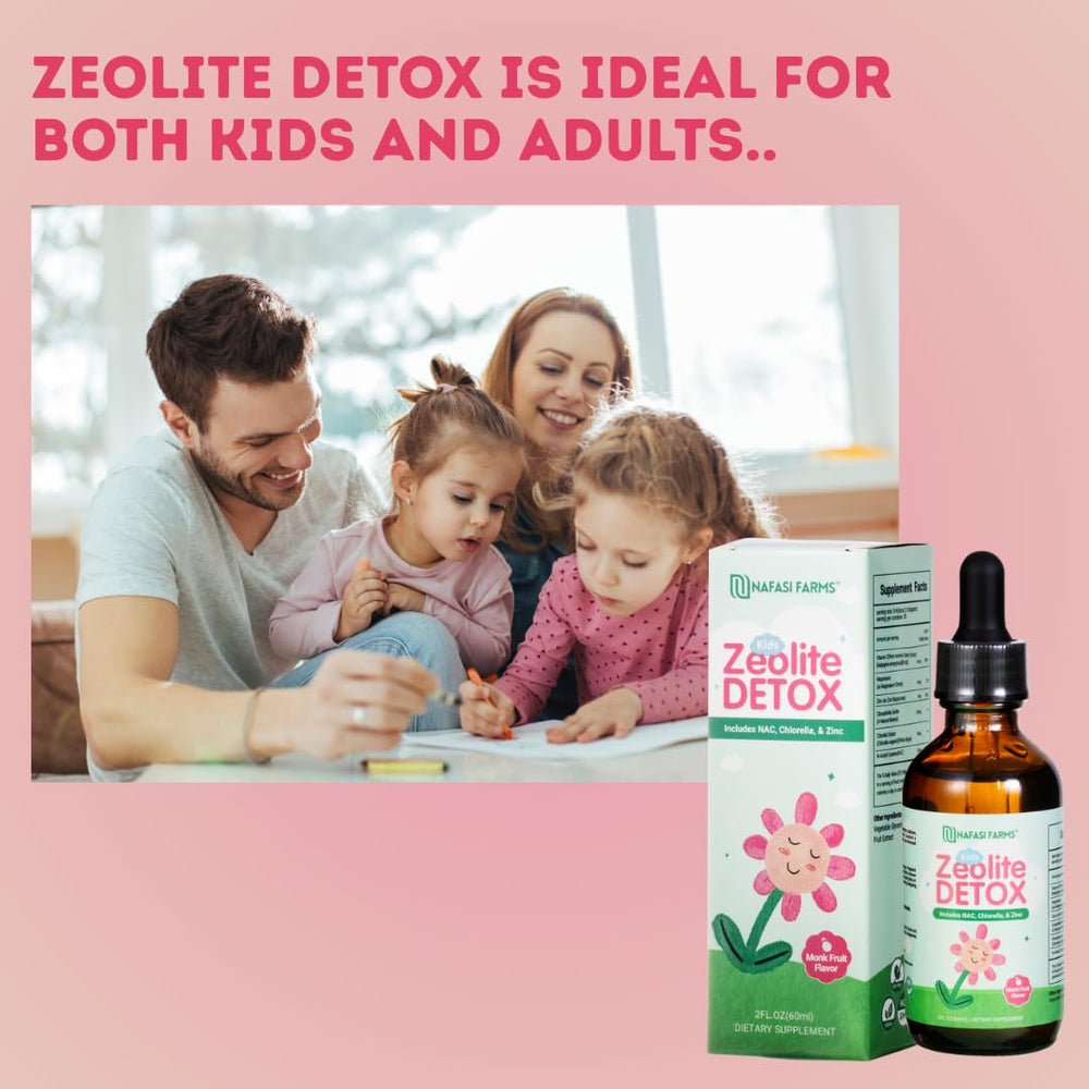 Family-friendly Zeolite Detox Drops packaging shown on a shelf