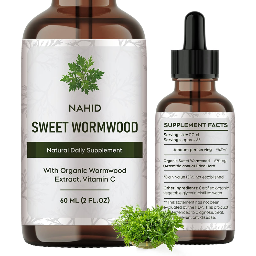 Nahid Organic Wormwood Extract label emphasizes pure ingredients for gentle digestion.