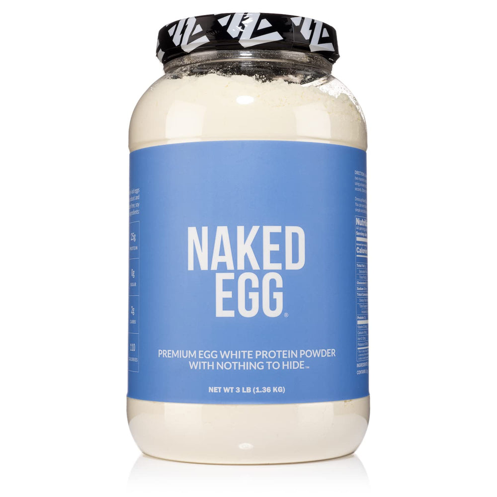 NAKED 3LB egg white protein bottle label—ideal for quick, protein-packed shakes