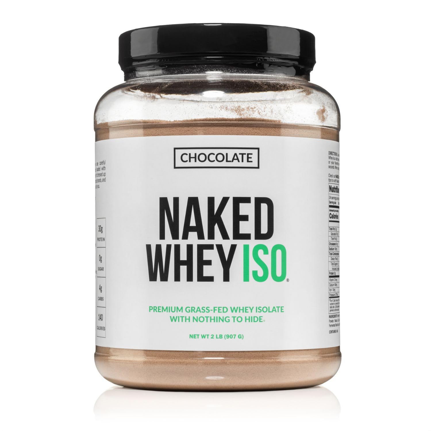 Front view of Naked Chocolate Whey Isolate tub