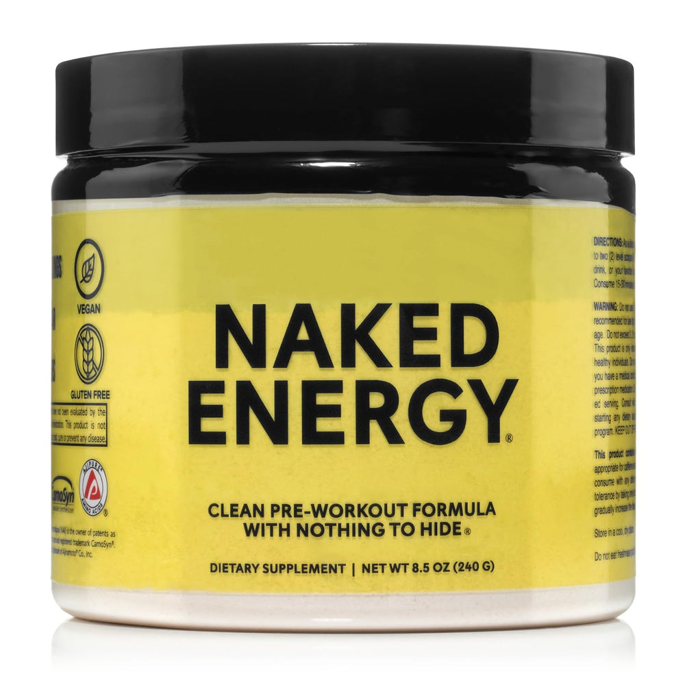 Naked Energy pre-workout powder canister with scoop