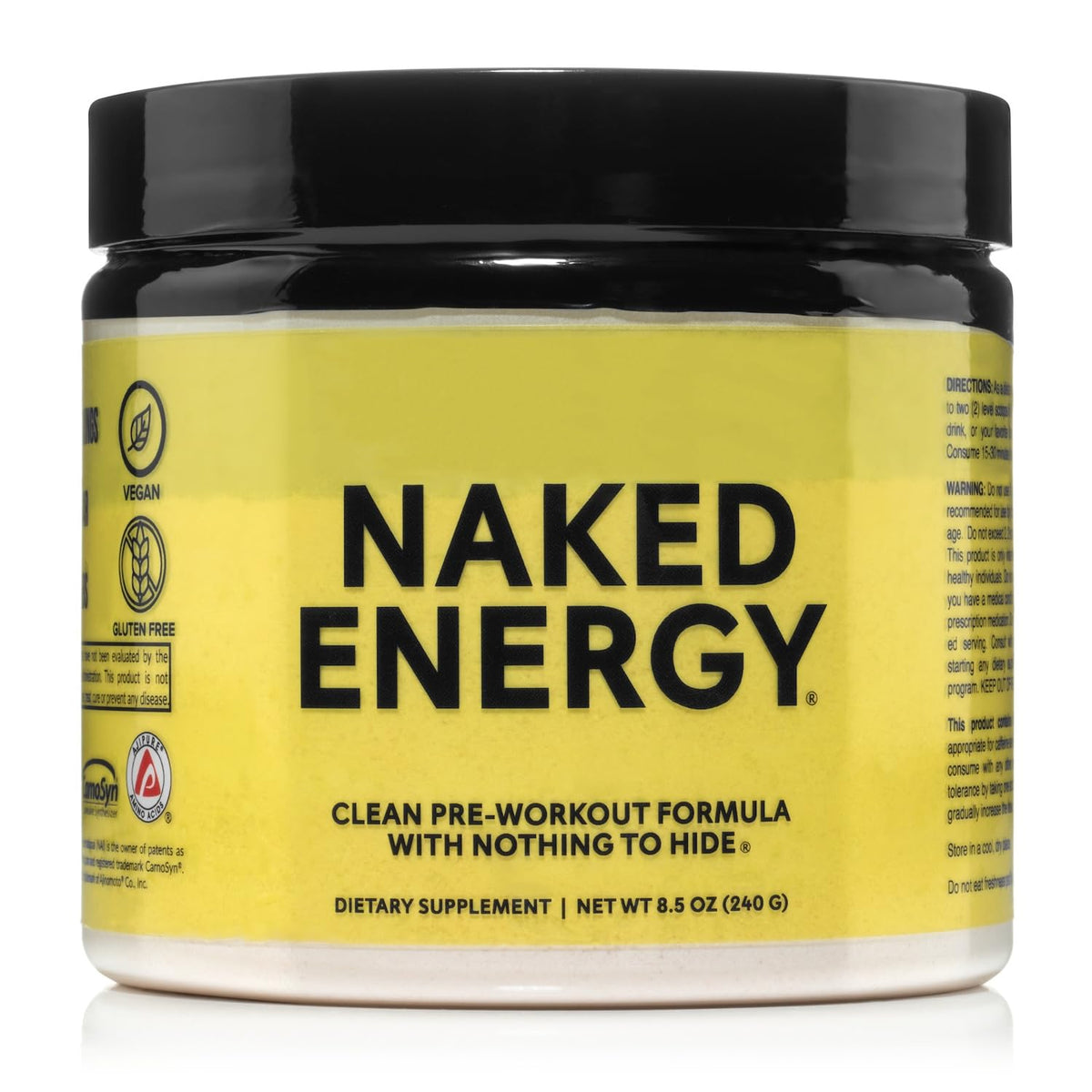 Naked Energy pre-workout powder canister with scoop