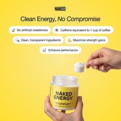 Naked Energy label highlighting no added sugars, colors or flavors
