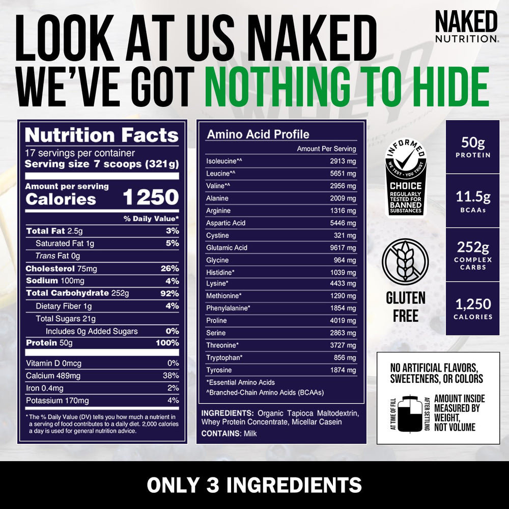 NAKED Mass gluten-free and soy-free badge emphasizes allergen-friendly nutrition