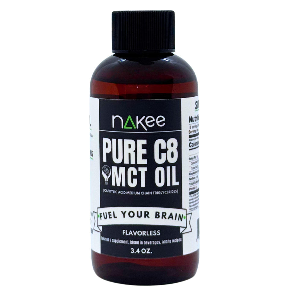 Bottle of Nakee Butter C8 MCT Oil against a white background