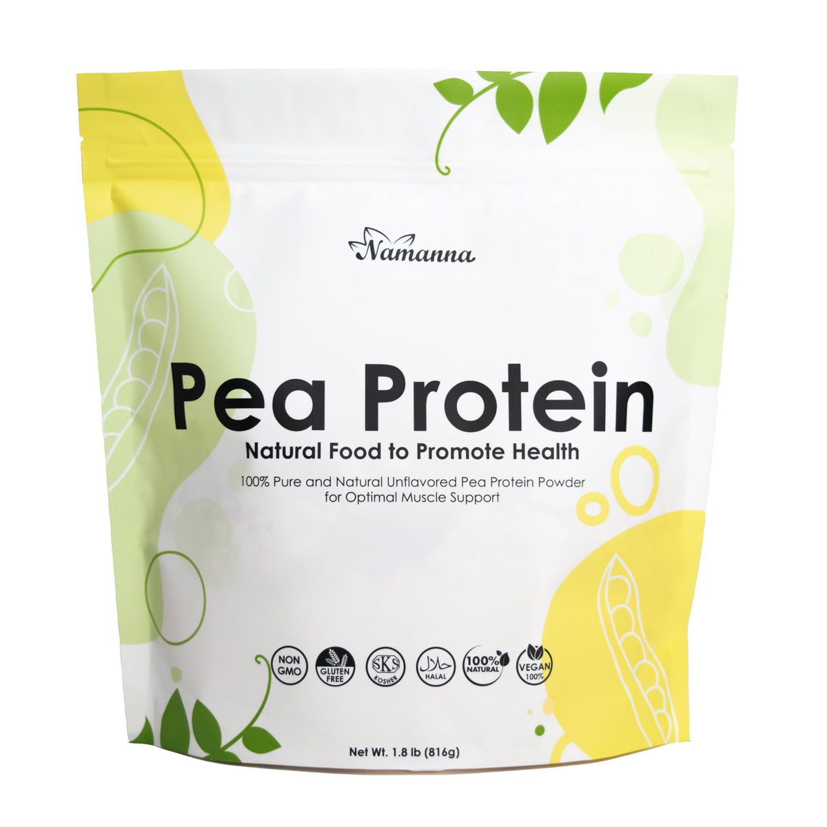 NAMANNA Pure Pea Protein Powder bag with scoop shows high-protein plant nutrition for workouts