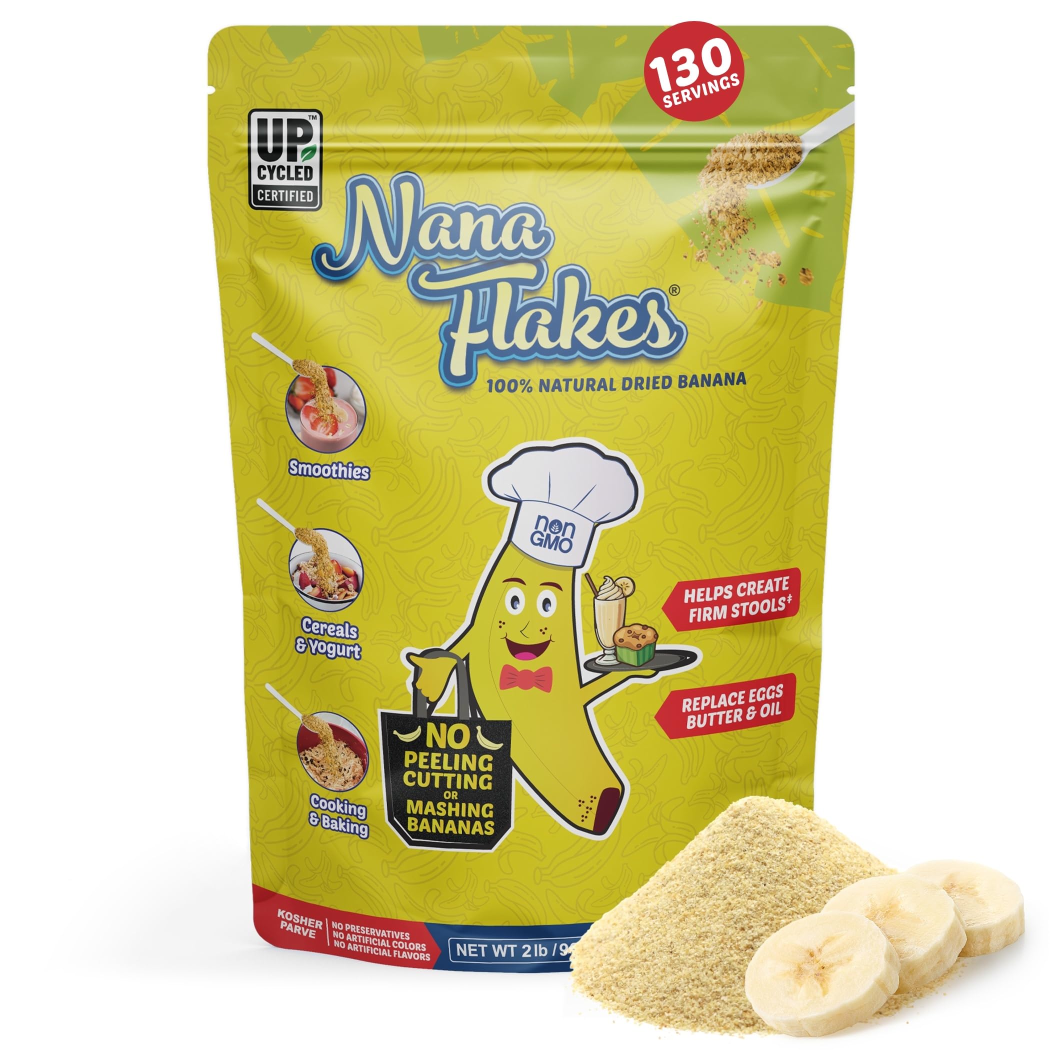 Front view of Nana Flakes banana powder bag