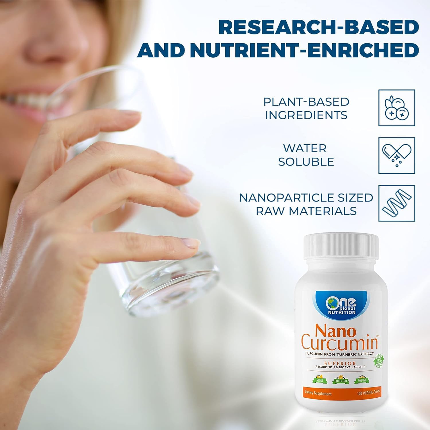 Non-GMO, vegan, gluten-free attributes and dosage information
