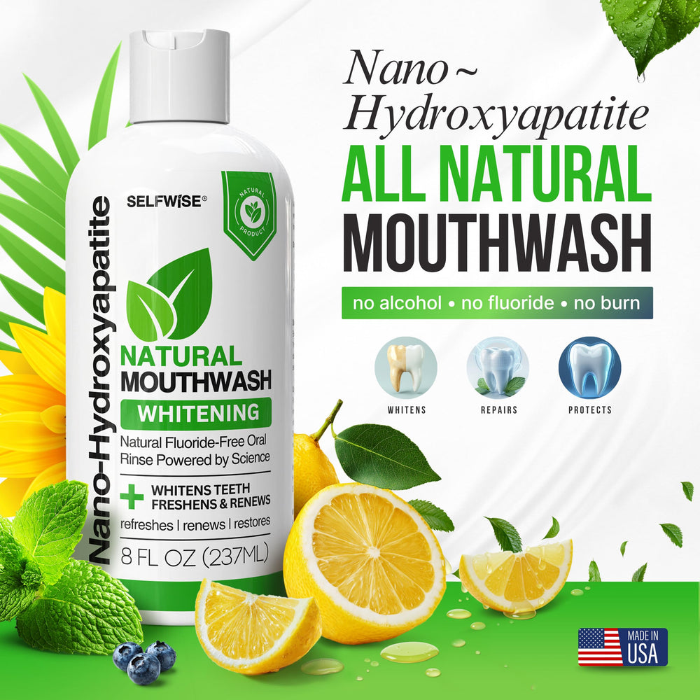 Mouthwash bottle label highlighting fluoride-free and alcohol-free formula
