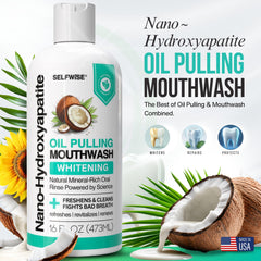 Mouthwash bottle with label showing Nano-Hydroxyapatite and organic ingredients