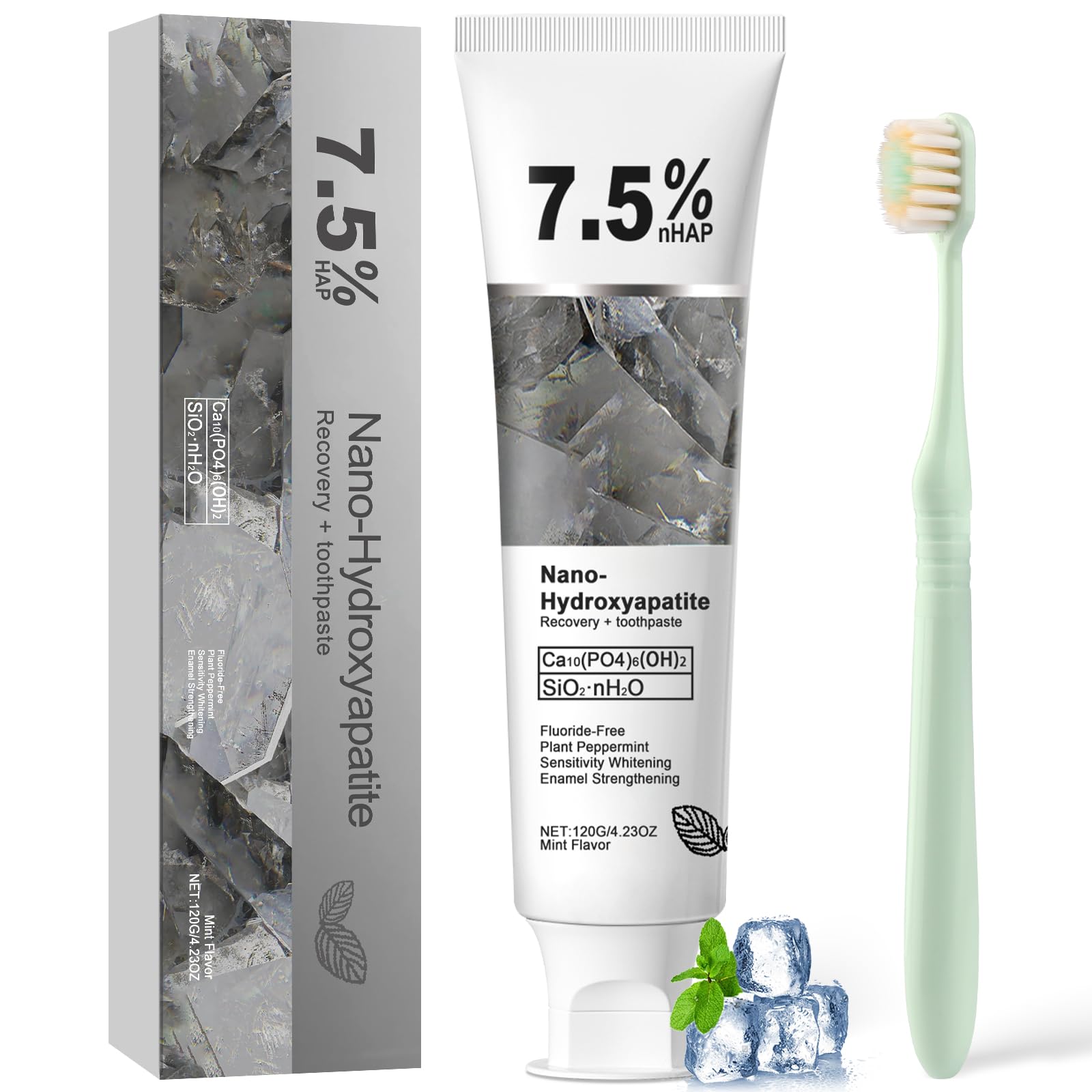 Nano hydroxyapatite toothpaste tube with mint label