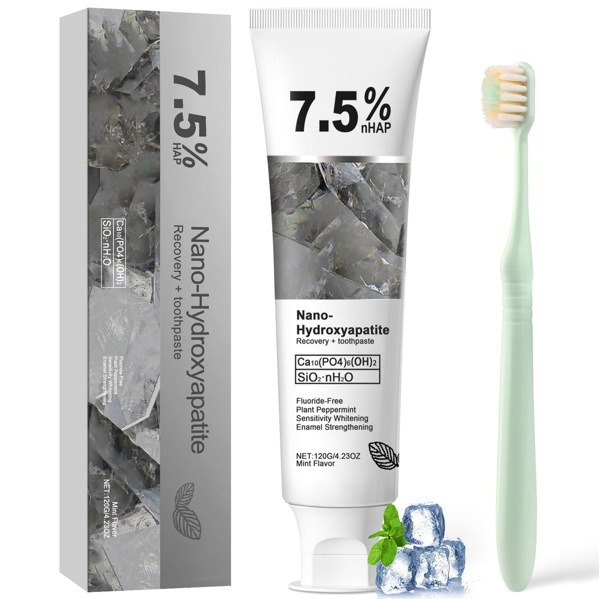 Nano hydroxyapatite toothpaste tube with mint label