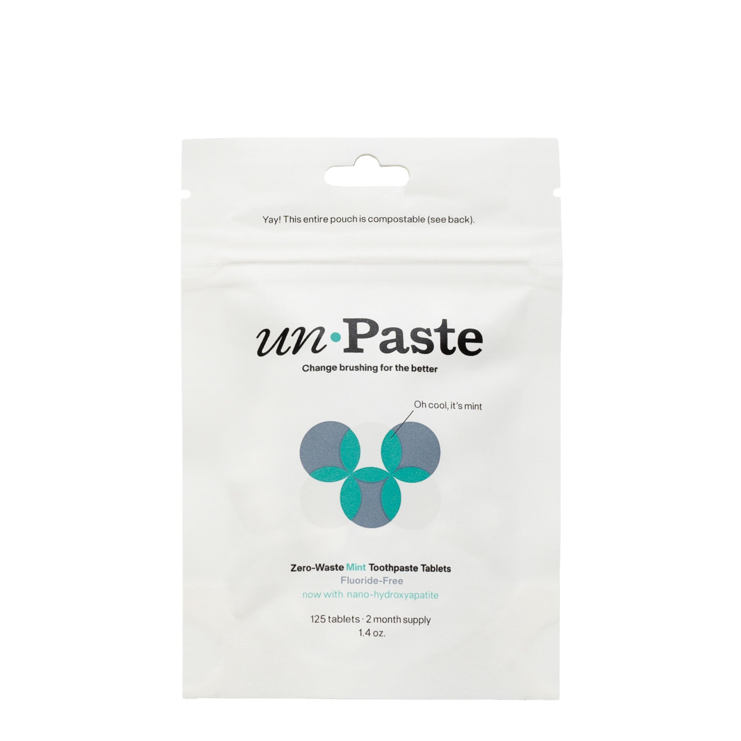 Front view of Nano-Hydroxyapatite toothpaste tablets 125ct package