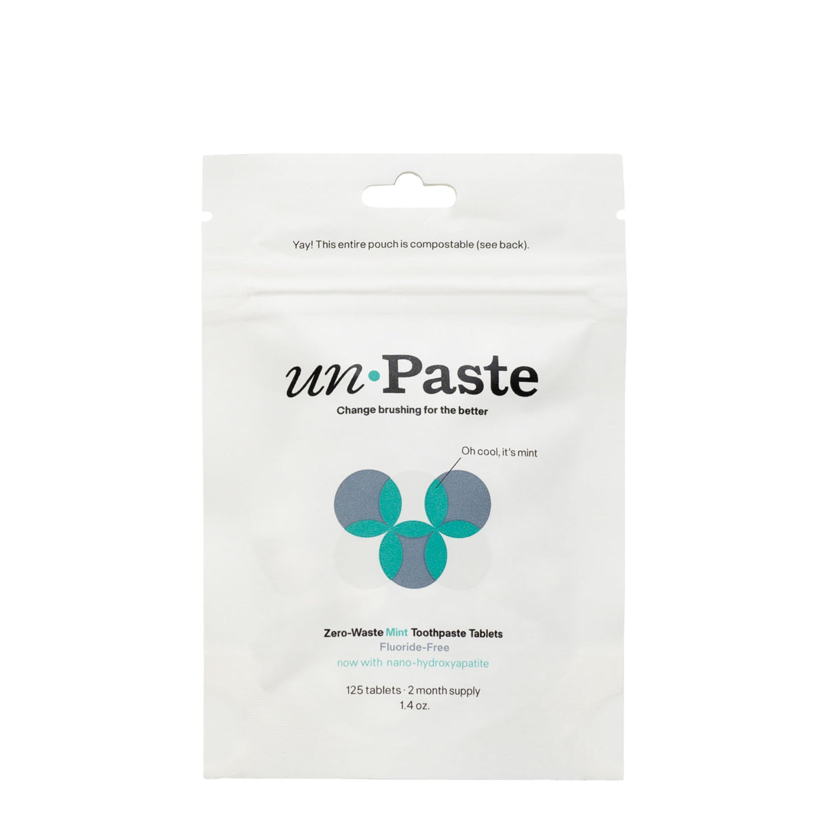 Front view of Nano-Hydroxyapatite toothpaste tablets 125ct package