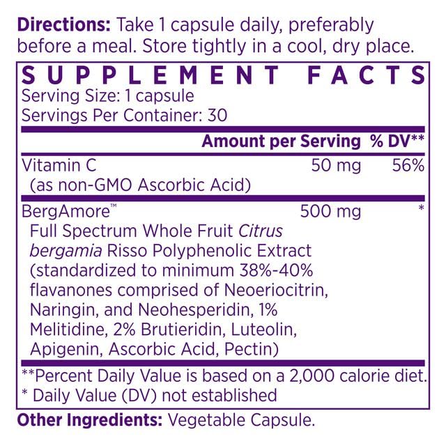 NAOMI Bergamot 500mg bottle - back label with supplement facts