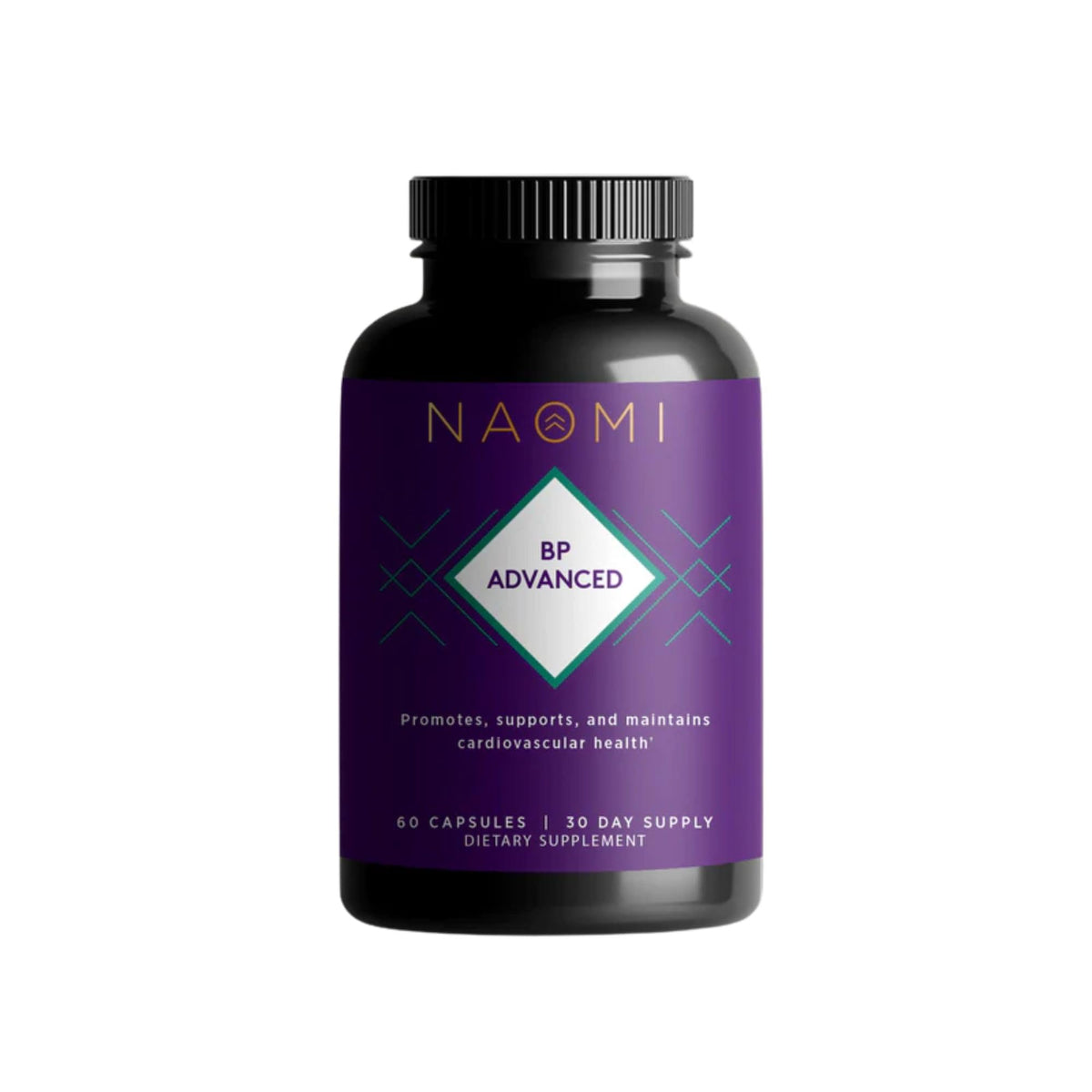 NAOMI BP Advanced bottle label showing 1000mg olive leaf extract and 180mcg K2