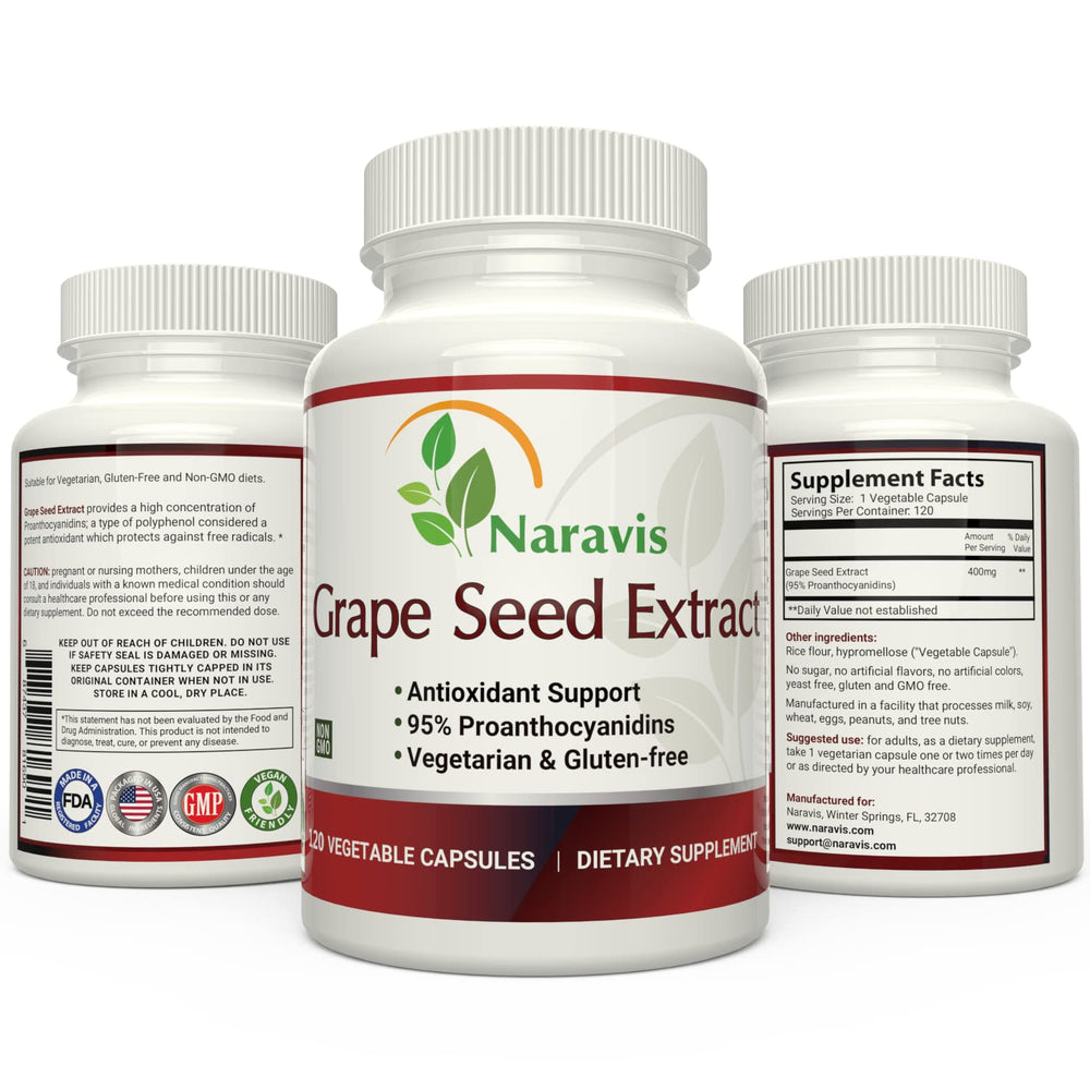 Hand holding Naravis Grape Seed Extract bottle