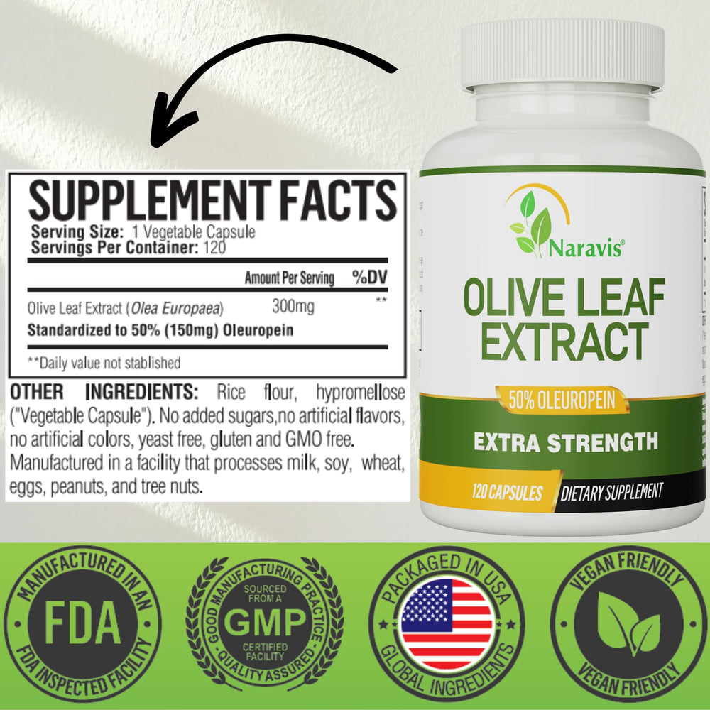 Close-up of Naravis Olive Leaf Extract capsules showing 300 mg extract and 150 mg oleuropein per capsule