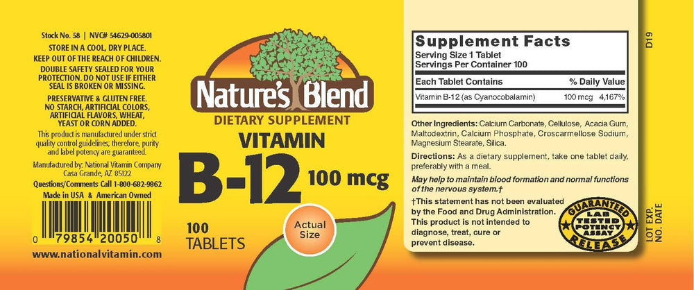 Close-up of NAT B Vitamin B-12 TB 100MCG label