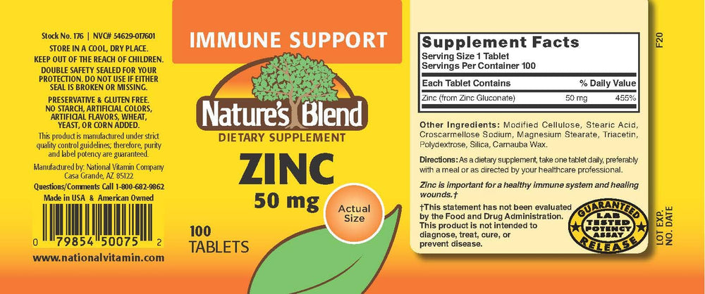 NAT B ZINC GLUC TB 50MG 100 bottle - label close-up