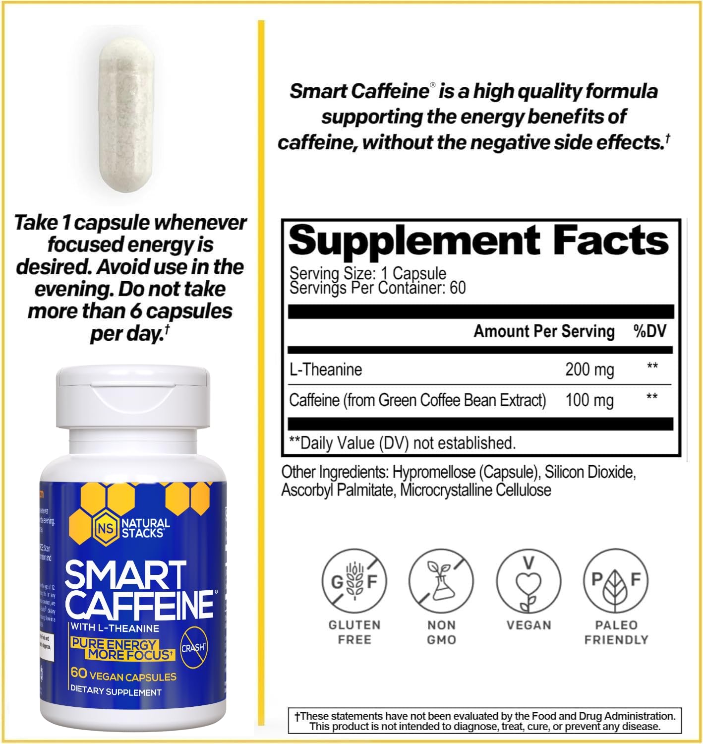 Close-up of NATURAL STACKS Smart Caffeine Pills bottle label