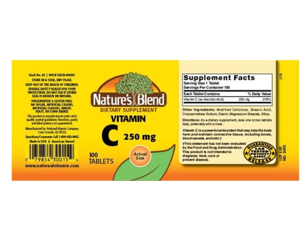 Nature's Blend NAT B Vitamin C 250 mg 100 tablets - back label