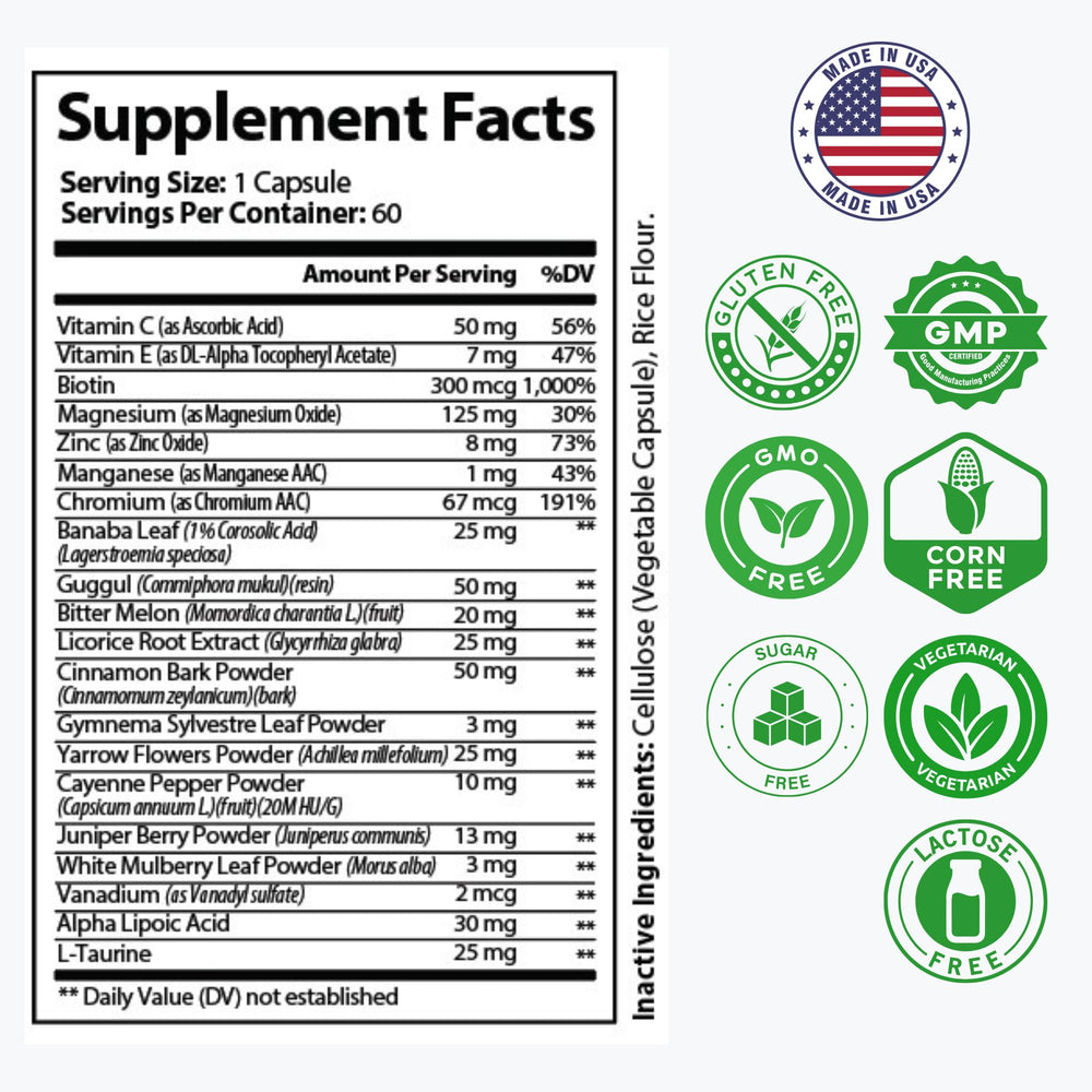 Close-up of product label highlighting Banaba Leaf and Bitter Melon